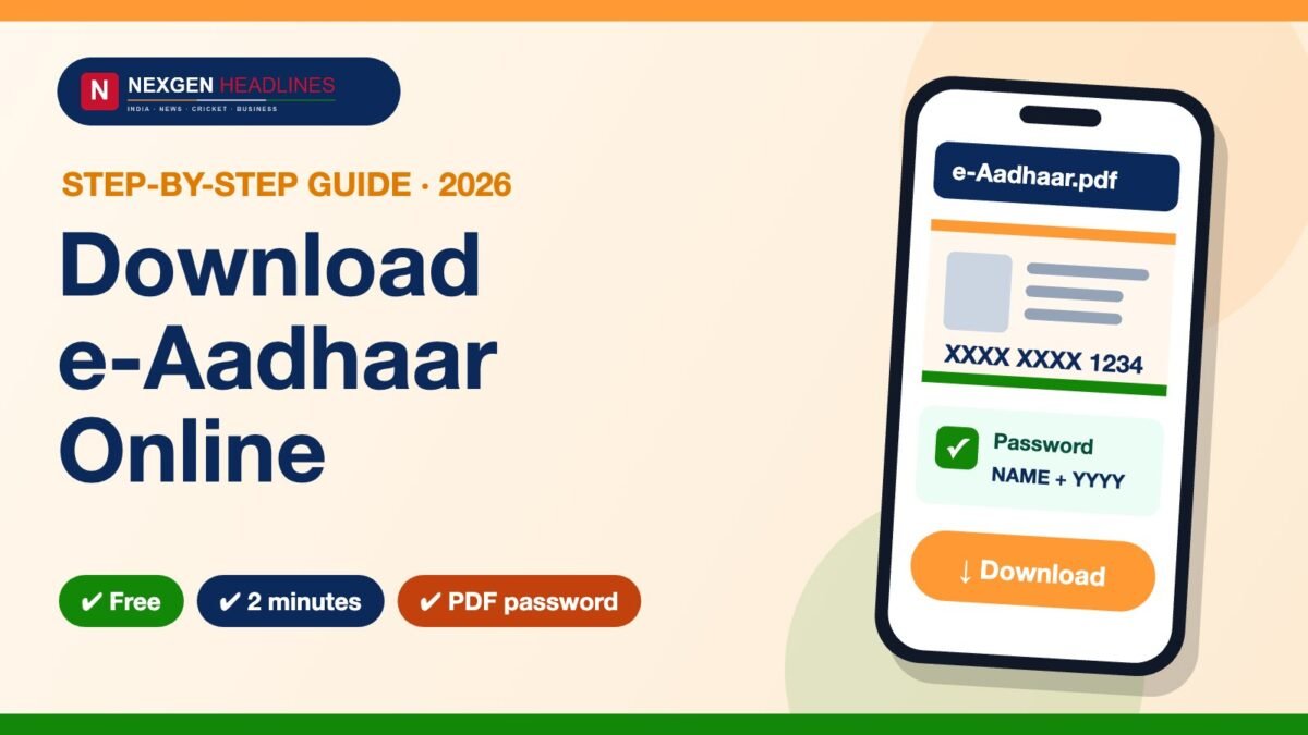 How to download e-Aadhaar online: step-by-step guide 2026 with a phone showing the e-Aadhaar PDF