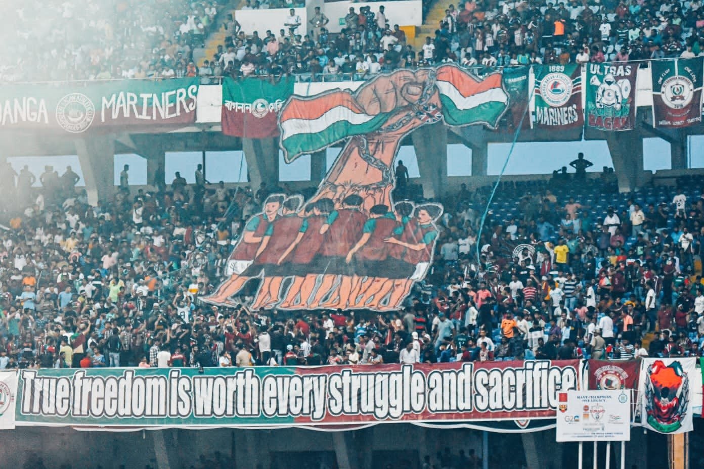 Mohun Bagan supporters display a tifo